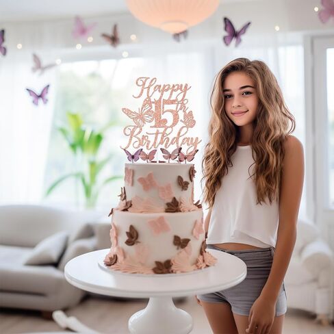 Rose Gold Glitter Happy 15th Birthday Cake Topper, Butterfly Mis 15/Cheers to 15 Years, Butterfly Themed 15th Birthday Party Decorations for Girls in Saudi Arabia