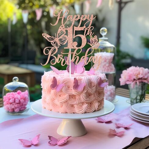 Rose Gold Glitter Happy 15th Birthday Cake Topper, Butterfly Mis 15/Cheers to 15 Years, Butterfly Themed 15th Birthday Party Decorations for Girls in Saudi Arabia