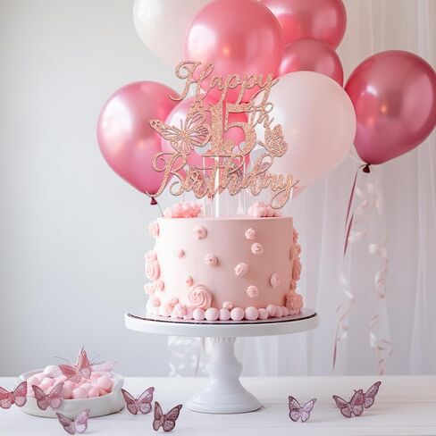 Rose Gold Glitter Happy 15th Birthday Cake Topper, Butterfly Mis 15/Cheers to 15 Years, Butterfly Themed 15th Birthday Party Decorations for Girls in Saudi Arabia