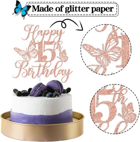 Rose Gold Glitter Happy 15th Birthday Cake Topper, Butterfly Mis 15/Cheers to 15 Years, Butterfly Themed 15th Birthday Party Decorations for Girls in Saudi Arabia