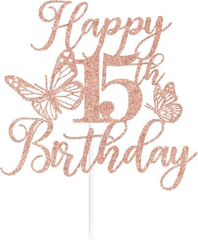 Rose Gold Glitter Happy 15th Birthday Cake Topper, Butterfly Mis 15/Cheers to 15 Years, Butterfly Themed 15th Birthday Party Decorations for Girls in Saudi Arabia