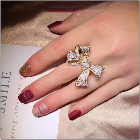 Fashion Bow-Knot Statement Rings Shiny Full Diamond Ring 18K Gold Bow Cubic Zirconia Rings CZ Diamond Ring Eternity Engagement Wedding Band Ring for Women and Girls TZ.79 in Kuwait