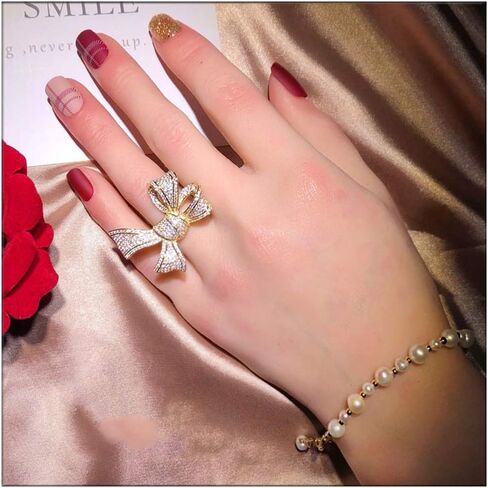 Fashion Bow-Knot Statement Rings Shiny Full Diamond Ring 18K Gold Bow Cubic Zirconia Rings CZ Diamond Ring Eternity Engagement Wedding Band Ring for Women and Girls TZ.79 in Kuwait