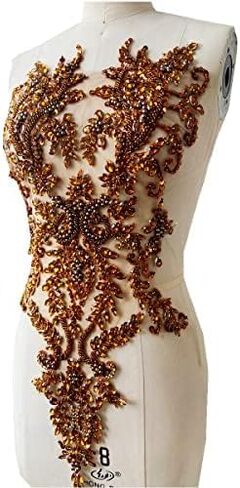 Handmade rhinestones lace appliques sew on beads trim patches for dress clothing accessories (Brown) in Saudi Arabia