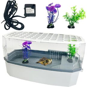 Hamiledyi Small Turtle Tank Kit with Lid Acrylic Turtle Aquarium with Water Pump Basking Platform Bottom Drainage Multi-Function Area Turtle Habitat for Turtles Crabs Crayfish Tortoises