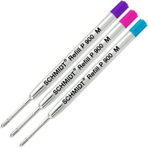 Schmidt P900 Parker Style Ballpoint Pen Metal Body Refill, Purple, Magenta, Turquoise Ink Medium Tip 0.7mm Stainless Steel Tip - Pack of 3