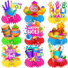 Holi Decorations Honeycomb Centerpieces, 9Pcs Indian Festival Happy Holi Party Table Decorations, Holi Festival Decorations Honeycomb Centerpiece for Colored Chalk Powder Party Supplies