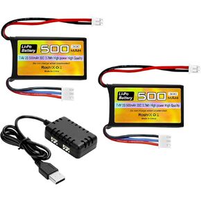 Fytoo 2PCS 7.4V 500mAh 30C Lipo Battery RC Car Drone Battery with PH2.0 Plug with 2-in-1 Charger for AX24 SCX24 RC Car Model Batteries Compatible with Most 1/10, 1/16, 1/18, 1/24 Scale RC Cars Trucks