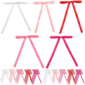 Twist Tie Bows Valentine's Day, 50 Pcs Satin Polyester Bows for Valentines Day Gift Bags Treat Bags Candy Bags, Pink Red Bows Ribbon Bows Pre-Tied Bow for Gift Wrapping Wedding Decoration (5 Colors)