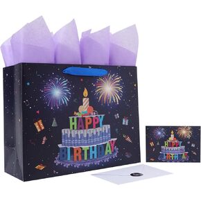 13" Large Cake Birthday Gift Bag Set with Handles, Greeting Card, Purple Tissue Papers and Stickers for Women Men Mom Kids, Fireworks Pop Up Cake design, 1 Pcs