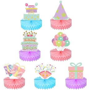 Kisston 9 Pieces Happy Birthday Centerpiece Decorations Pastel Honeycomb Table Sign Rainbow Birthday Honeycomb Table Decor for Girl Women Christmas Gift Honeycomb Centerpieces