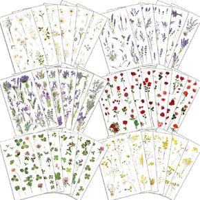 Assorted Flower Stickers - 36 Sheets Scrapbook Stickers Nature Stickers, Transparent Floral Resin Decals Aesthetic Decoration Stickers for Scrapbook Supplies Journals DIY Arts and Crafts