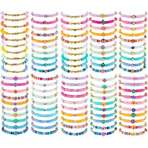 Kigeli 100 PCS الصداقة أساور الأساور السائبة أساور الأطفال ، الأساور القابلة للتكديس من الطين بالخرز قابلة للتعديل Heishi Preppy Jewelry Colorful Summer Summer for Girls Teens Women Party Gifts Favors
