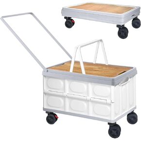 Folding Rolling Cart with Wheels - Portable Utility Cart with Wooden Lid, Collapsible Crate for Storage, 1.5 Cubic Feet Larger Capacity Shopping Cart, Grocery Cart on 2.8" Wheels (White)