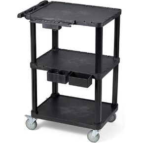 ELAFROS Heavy Duty 3-Tier AV Cart with Power Strip, 27.5 x 18.25 Inch, Rolling Cart, Industrial Plastic, 330 lbs Capacity, Flat Top Shelves with Swivel Wheels - Multipurpose Mobile Cart