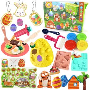 CORPER TOYS Easter Basket Toys Color Dough Set with Storage Box,Easter Bunny Egg Molds,Tools Kit,Easter Theme Keychain Charms and Stickers DIY Art Craft Playset for Kids