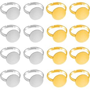 TOAOB 60pcs Blank Rings Gold Silver Adjustable Flat Rings with 12mm Blank Base Jewelry Findings
