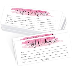 Hadley Designs 25 Pink Blank Gift Certificates for Small Business-Watercolor Paper, Voucher for Massage, Hair & Nail Salon, and DIY Cards for Birthday, Mom Valentines Day, Him and Her-4x9"