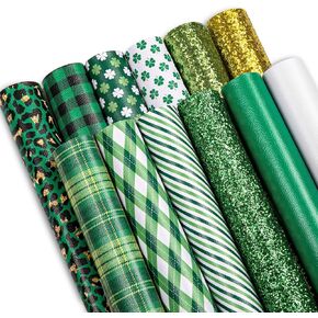 Whaline 12Pcs St. Patrick's Day Faux Leather Sheet Green Plaid Shamrock Clover Lichee Pattern Synthetic Leather Glittery Green Gold Fabric Crafts for Earring Hair Bow Holiday Craft Gift DIY, 8 x 12"
