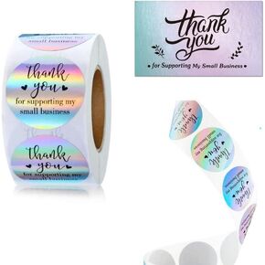 500 Pieces Thank You Cards and Stickers Set with 50 Pieces Thank You Business Card, 1 Inch Holographic Thank You Roll Labels Thank You for Supporting My Small Business Cards for Wedding, Birthday