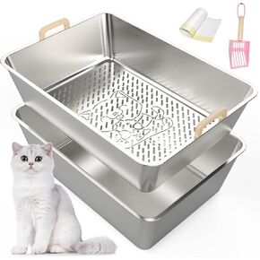 Stainless Steel Sifting Cat Litter Box, Extra Large Sifting Litter Box for Pine Pellets, Odor Control Metal Cat Litter Pan with Metal Scoop and Litter Liners, Easy to Clean