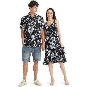 PATPAT Matching Outfits for Couples Summer Vacation Hawaiian Tropical Print Spaghetti Strap Dress and Shirt Matching Set