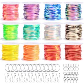 PP OPOUNT Laser Reflective Lanyard String, 12 Rolls Plastic Lacing Cord with 20 Key Chain Rings, 20 Snap Clips and 10 Lobster Clips, Gimp String Kit for DIY Bracelets, Key Chain and Lanyards