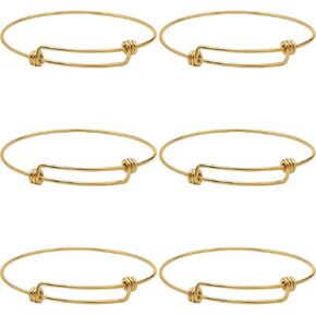 Beebeecraft 6Pcs Expandable Blank Bangle Bracelets Real 18K Gold Plated Stainless Steel Adjustable Wire Blank Bracelets for Jewelry Making DIY Gift Bracelets Crafts