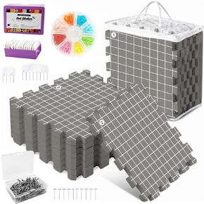 MEVOME Blocking Mats for Knitting with 20pcs Knitting Blockers 200 T-pins 104 Locking Stitch Markers, Extra Thick Block Boards with Grids Storage Bag for Needlepoint Crochet - Pack of 9 (Gray)