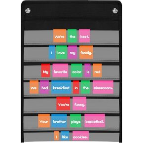 4 Pack Standard Pocket Chart Clear Chart for Classroom & Home Heavy Duty Hanging Pocket Chart for Word Wall/Letter Cards/Sentence Strips (13 x 18 Inch, Black)