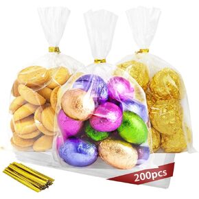 Kopokita 200PCS Clear Cellophane Treat Bags, 5x7 Inches Plastic Cookie Candy Bags Goodie Bags Gift Bags with 200 Twist Ties for Party Favors