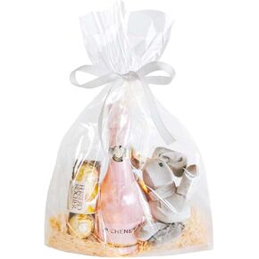 QKEEDSN 100 Pcs 10 x 14 Inches Clear Cellophane Gift Bags with 3.1 Inches Gold Twist Ties, Great for Goodies, Party Favors, and Holiday Gifts Wrapping