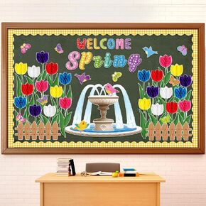 98 Pcs Spring Bulletin Board Set 3D Honeycombs Tulip Classroom Decorations Spring Flowers Birds Butterfly Paper Cutouts for Home Wall Door Decor Welcome Spring Birthday Party Supplies