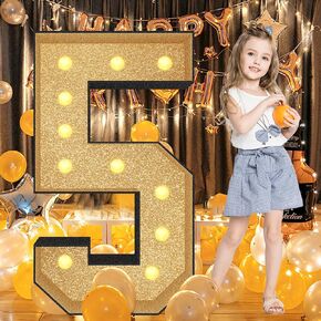 Ruxion 4FT Marquee Light Up Numbers 5 - Large Glitter Gold Mosaic Marquee with Light String, Pre-Cut Foam Board Kit Perfect for Birthday Party Decorations Anniversary, Parties, Events, Celebrations