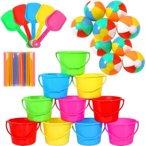 20 Set Beach Pail Sand Bucket and Sand Shovel Set for Kid, Include 20 Plastic Bucket 20 Beach Shovel 20 Inflatable Beach Ball 200 Plastic Straw for Summer Pool Water Birthday Party Supplies