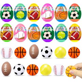 12 Pieces Prefilled Easter Eggs with Mini Football Basketball Squishy Toys Great for Kids Girls Boys Easter Egg Hunt Fillers Easter Basket Stuffers Gifts