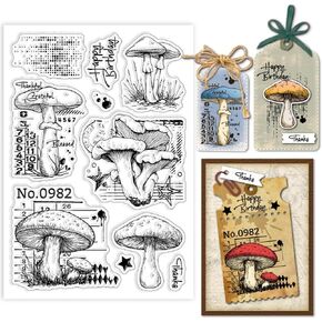 GLOBLELAND Vintage Mushrooms Clear Stamps Retro Texture Silicone Clear Stamp Seals Greeting Words Transparent Stamps for DIY Scrapbooking Cards Making Photo Album Journal