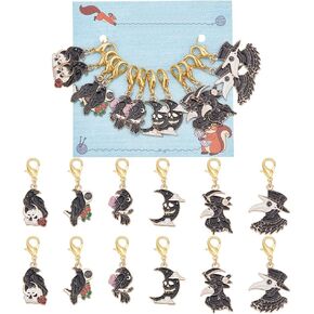 NBEADS 12 Pcs Stitch Markers, 6 Styles Halloween Crochet Markers Plague Doctor Raven Moons Locking Stitch Marker Stitch Needle Clip for Knitting Weaving Sewing Accessories Jewelry Making