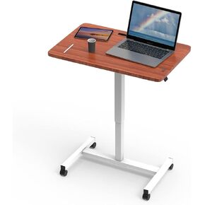 Mobile Standing Desk, Adjustable Rolling Desk, Portable Desk with Wheels, Pneumatic Laptop Table, Computer Workstations, Home Office Desk Adjustable Height (Cherry)
