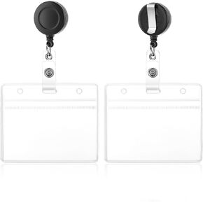 2 Pack Clear Plastic Horizontal Name Tag Badge ID Card Holders Clear ID Card Holders Soft Plastic Badge Holders Retractable Badge Holders with Heavy Duty Badge Reels for Nurse Doctor Teacher Office