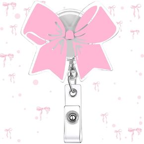 Pink Bow Badge Reel Cute Retractable ID Card Badge Holder Clip Pink Bow Accessories for Nurse Office Student Teacher Doctor Coworker Employee RN CNA MA LPN Medical Worker(1 Pcs)