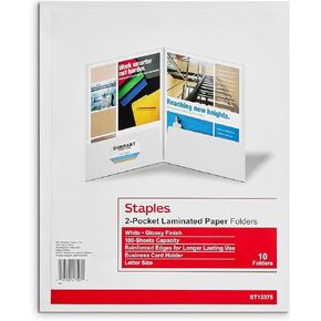 Staples; 2-Pocket Laminated Folders, White, 10/Pack