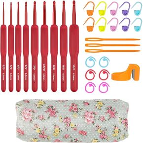 CLYAIYLC 30 Pcs Crochet Hook Set, Red 2-6mm Crochet Hook Ergonomically Designed for Arthritis Hands, Equipped with Knitted Crochet Supplies and Storage Bag, Suitable for Crochet Beginners/Enthusiasts