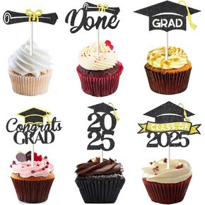 24 Pack 2025 Congrats Grad Cupcake Toppers Set, Glitter Graduation Cupcake Decor, Class of Cupcake Picks for Senior High School College Grad Party Decorations Supplies(Black with Gold) A