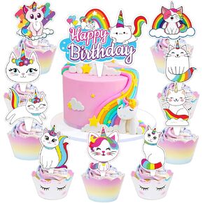Caticorn Cake Topper Picks, 25 PCS Funny Rainbow Caticorn Cupcake Toppers Cake Decorations Cat Unicat Birthday Theme Party Supplies Favors Decor Cute Centerpiece Table for Boys Girls Carnival Prizes