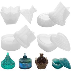 Gartful 4PCS Box Resin Molds, Silicone Jewelry Box Molds with Pyramid Trinket Epoxy Mold, Heart Organizer Mold, Round Jewelry Storage Holder and Drop Container Mold for DIY Art Casting, Candy Jar