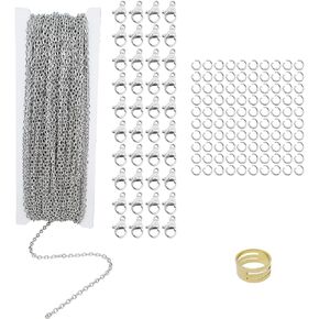 60 Feet Stainless Steel Chain for Jewelry Making Silver Chain with 40 Lobster Clasps and 100 Jump Rings Kit Necklace Extender 2mm Chain Links for Necklaces, Bracelets and Crafts (60 FT Silver)