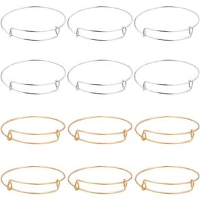 SUNNYCLUE 12Pcs Stainless Steel Expandable Wire Bangle Wire Bracelet Bangles Bulk Adjustable Stackable Blank Charm Bracelets Set for Jewelry Making DIY Gift Supplies Crafting Beginner Women Adult