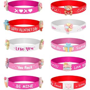 Morcheiong 10 Pieces Valentine Rubber Wristband Silicone Bracelet Accessories for Kids Adults Events Team Party Decorations Gift Favor Supply