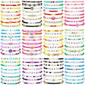 96 Pcs Beaded Friendship Bracelets Bulk Heishi Surfer Clay Bead Bracelets Inspirational Stretch Bracelets Y2k Boho Colorful Bracelets Adjustable Bracelets for Women Jewelry Gifts Party Favors